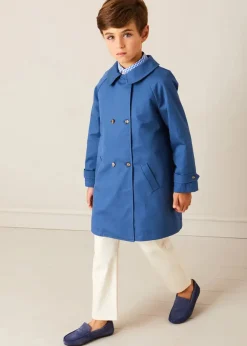 Lookbooks | Pepa London Carlisle Gingham Polo Collar Long Sleeve Shirt in Blue (4-10yrs) | Plain Pocket Detail Trousers in White (4-10yrs) | Double Breasted Coat With Detachable Hood in Blue (18mths-10yrs) | Suede Loafers in French Blue (25-34EU) | Beige Striped Belt