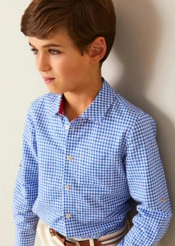Lookbooks | Pepa London Carlisle Gingham Polo Collar Long Sleeve Shirt in Blue (4-10yrs) | Plain Pocket Detail Trousers in White (4-10yrs) | Double Breasted Coat With Detachable Hood in Blue (18mths-10yrs) | Suede Loafers in French Blue (25-34EU) | Beige Striped Belt