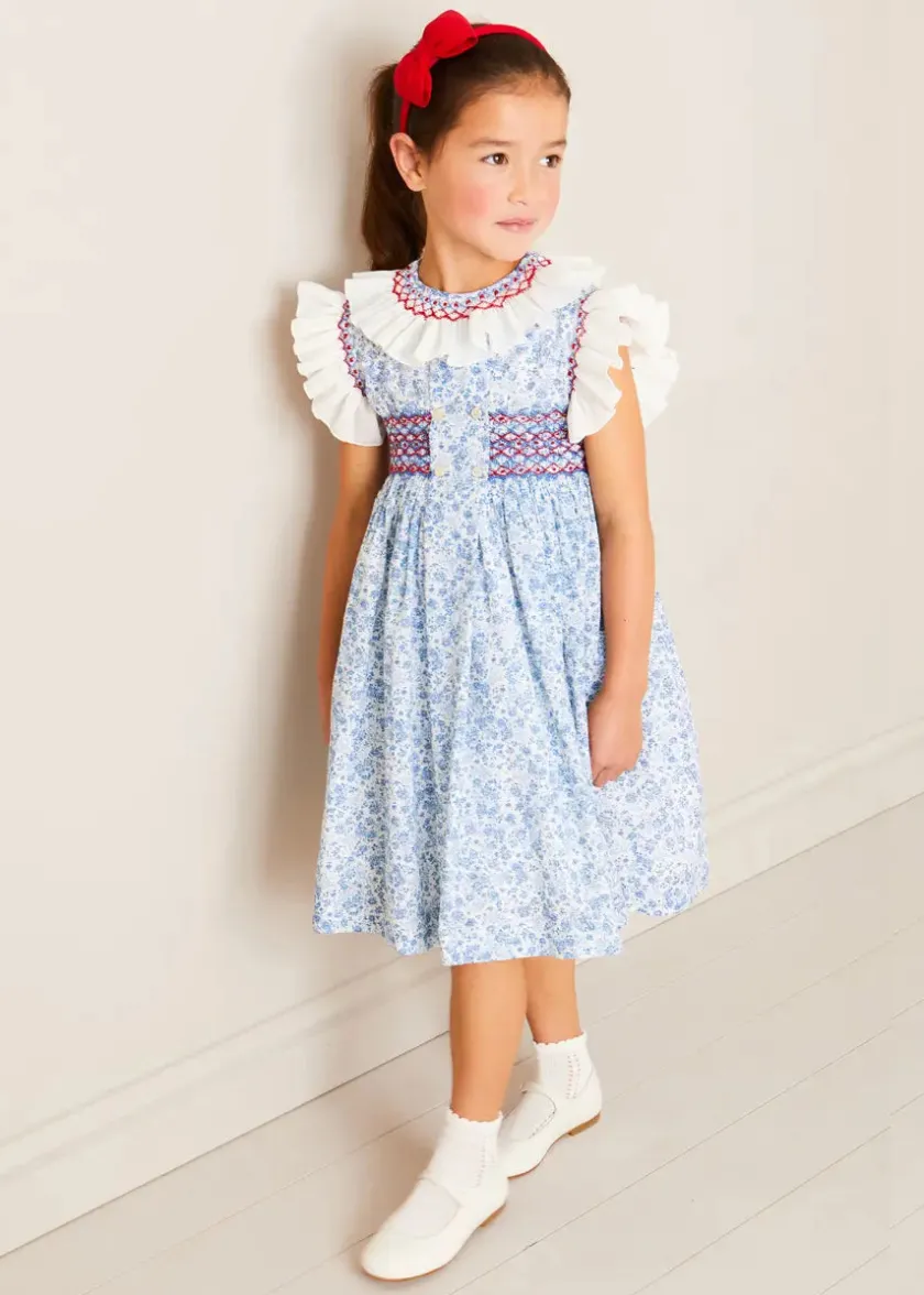 Dresses | Dresses | Pepa London Charlotte Floral Hand Smocked Sleeveless Dress in Blue (12mths-10yrs)