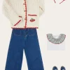 Lookbooks | Pepa London Cherry Motif Crochet Cardigan in Beige (2-10yrs) | Soft Denim Wide Leg Trousers in Denim Blue (3-10yrs) | Evelyn Floral Ruffle Collar Top in Red (2-10yrs) | Plain Linen Hairband in Red | Openwork short socks White (0mths-8yrs)