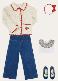 Lookbooks | Pepa London Cherry Motif Crochet Cardigan in Beige (2-10yrs) | Soft Denim Wide Leg Trousers in Denim Blue (3-10yrs) | Evelyn Floral Ruffle Collar Top in Red (2-10yrs) | Plain Linen Hairband in Red | Openwork short socks White (0mths-8yrs)