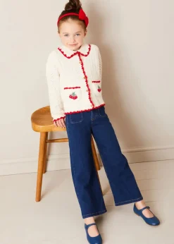 Lookbooks | Pepa London Cherry Motif Crochet Cardigan in Beige (2-10yrs) | Soft Denim Wide Leg Trousers in Denim Blue (3-10yrs) | Evelyn Floral Ruffle Collar Top in Red (2-10yrs) | Plain Linen Hairband in Red | Openwork short socks White (0mths-8yrs)