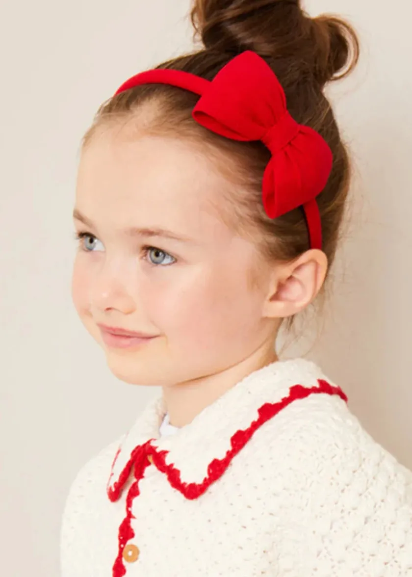 Lookbooks | Pepa London Cherry Motif Crochet Cardigan in Beige (2-10yrs) | Soft Denim Wide Leg Trousers in Denim Blue (3-10yrs) | Evelyn Floral Ruffle Collar Top in Red (2-10yrs) | Plain Linen Hairband in Red | Openwork short socks White (0mths-8yrs)