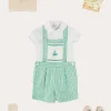 Lookbooks | Pepa London Cheyne Striped Boat Embroidery Dungarees in Green (18mths-4yrs) | Peter Pan Collar Trim Detail Short Sleeve Shirt in White (12mths-5yrs) | Plain Cardigan in Cream (6mths-10yrs) | T-Bar Suede Baby Shoes in Beige (20-24EU) | Ribbed Short Socks in Beige (0mths-10yrs)