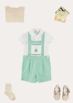 Lookbooks | Pepa London Cheyne Striped Boat Embroidery Dungarees in Green (18mths-4yrs) | Peter Pan Collar Trim Detail Short Sleeve Shirt in White (12mths-5yrs) | Plain Cardigan in Cream (6mths-10yrs) | T-Bar Suede Baby Shoes in Beige (20-24EU) | Ribbed Short Socks in Beige (0mths-10yrs)