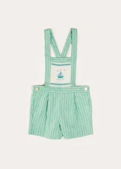 Dungarees & Rompers | Bloomers, Shorts & Trousers | Pepa London Cheyne Striped Boat Embroidery Dungarees in Green (18mths-4yrs)