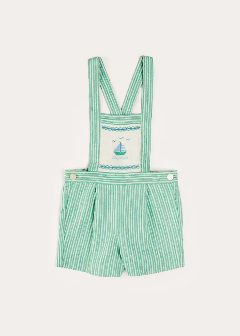 Dungarees & Rompers | Bloomers, Shorts & Trousers | Pepa London Cheyne Striped Boat Embroidery Dungarees in Green (18mths-4yrs)