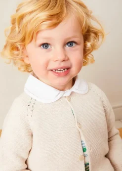 Lookbooks | Pepa London Cheyne Striped Boat Embroidery Dungarees in Green (18mths-4yrs) | Peter Pan Collar Trim Detail Short Sleeve Shirt in White (12mths-5yrs) | Plain Cardigan in Cream (6mths-10yrs) | T-Bar Suede Baby Shoes in Beige (20-24EU) | Ribbed Short Socks in Beige (0mths-10yrs)