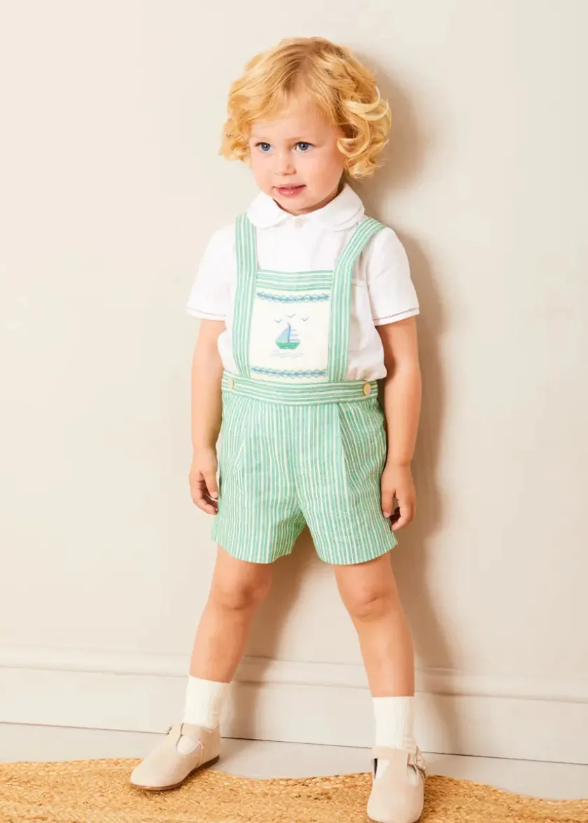 Dungarees & Rompers | Bloomers, Shorts & Trousers | Pepa London Cheyne Striped Boat Embroidery Dungarees in Green (18mths-4yrs)