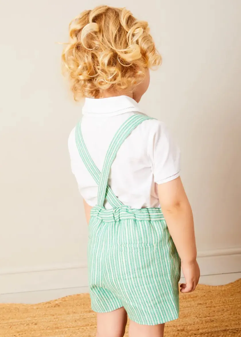 Dungarees & Rompers | Bloomers, Shorts & Trousers | Pepa London Cheyne Striped Boat Embroidery Dungarees in Green (18mths-4yrs)