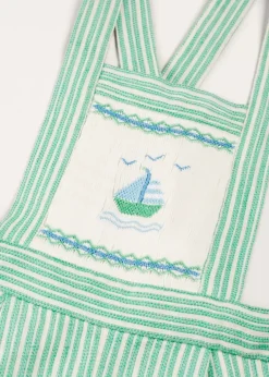Dungarees & Rompers | Bloomers, Shorts & Trousers | Pepa London Cheyne Striped Boat Embroidery Dungarees in Green (18mths-4yrs)
