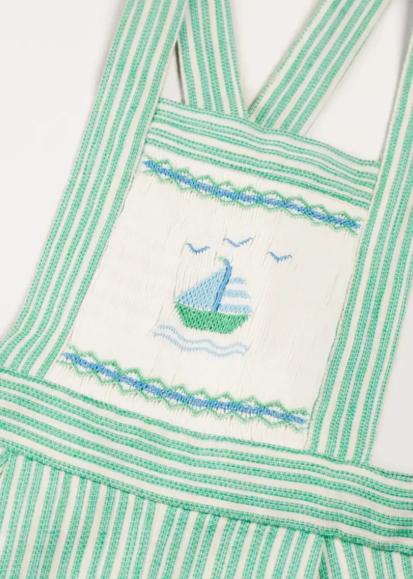 Dungarees & Rompers | Bloomers, Shorts & Trousers | Pepa London Cheyne Striped Boat Embroidery Dungarees in Green (18mths-4yrs)