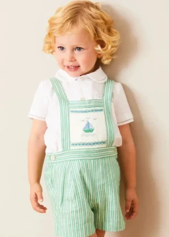 Dungarees & Rompers | Bloomers, Shorts & Trousers | Pepa London Cheyne Striped Boat Embroidery Dungarees in Green (18mths-4yrs)
