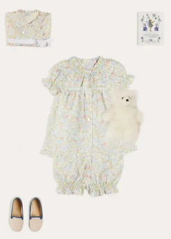 Lookbooks | Pepa London Clara Floral Ruffle Collar Short Sleeve Pyjamas in Green (18mths-10yrs) | Clara Floral Bow Detail Dressing Gown in Green (18mths-10yrs) | Linen Slippers With Contrast Piping in Cream (24-35EU) | White Teddy Bear (100% Alpaca Fur) | Flower Fairies of the Summer Book in White