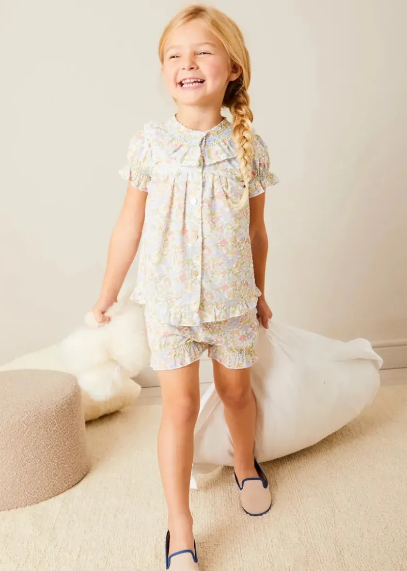 Nightwear | Nightwear | Pepa London Clara Floral Ruffle Collar Short Sleeve Pyjamas in Green (18mths-10yrs)