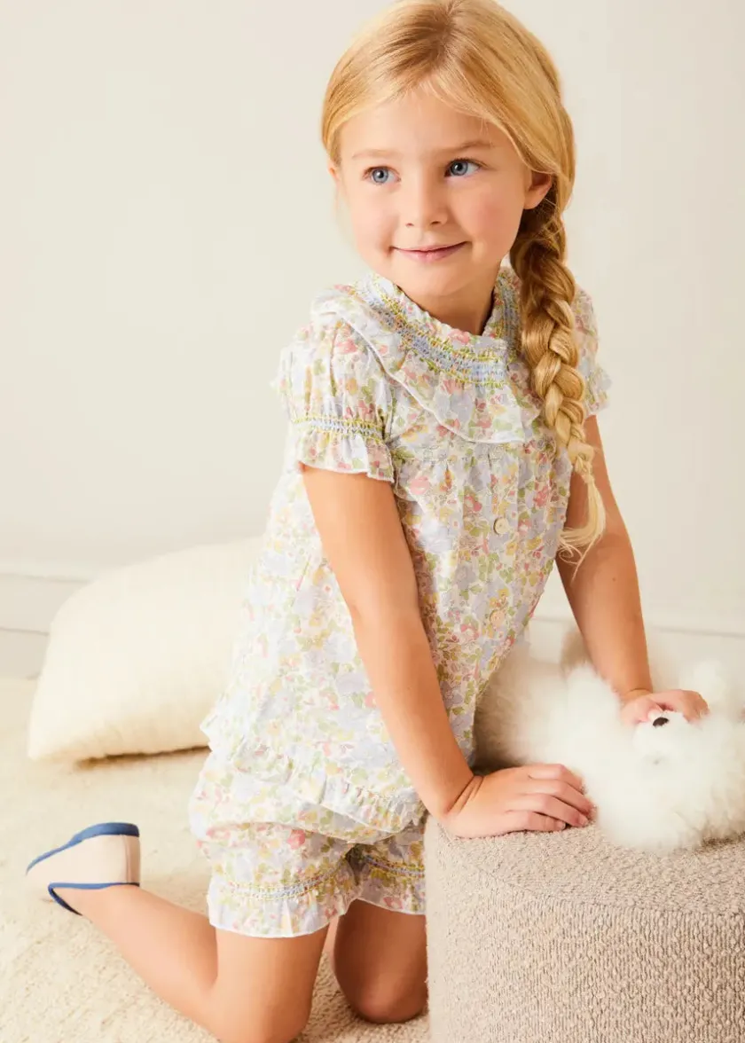 Nightwear | Nightwear | Pepa London Clara Floral Ruffle Collar Short Sleeve Pyjamas in Green (18mths-10yrs)