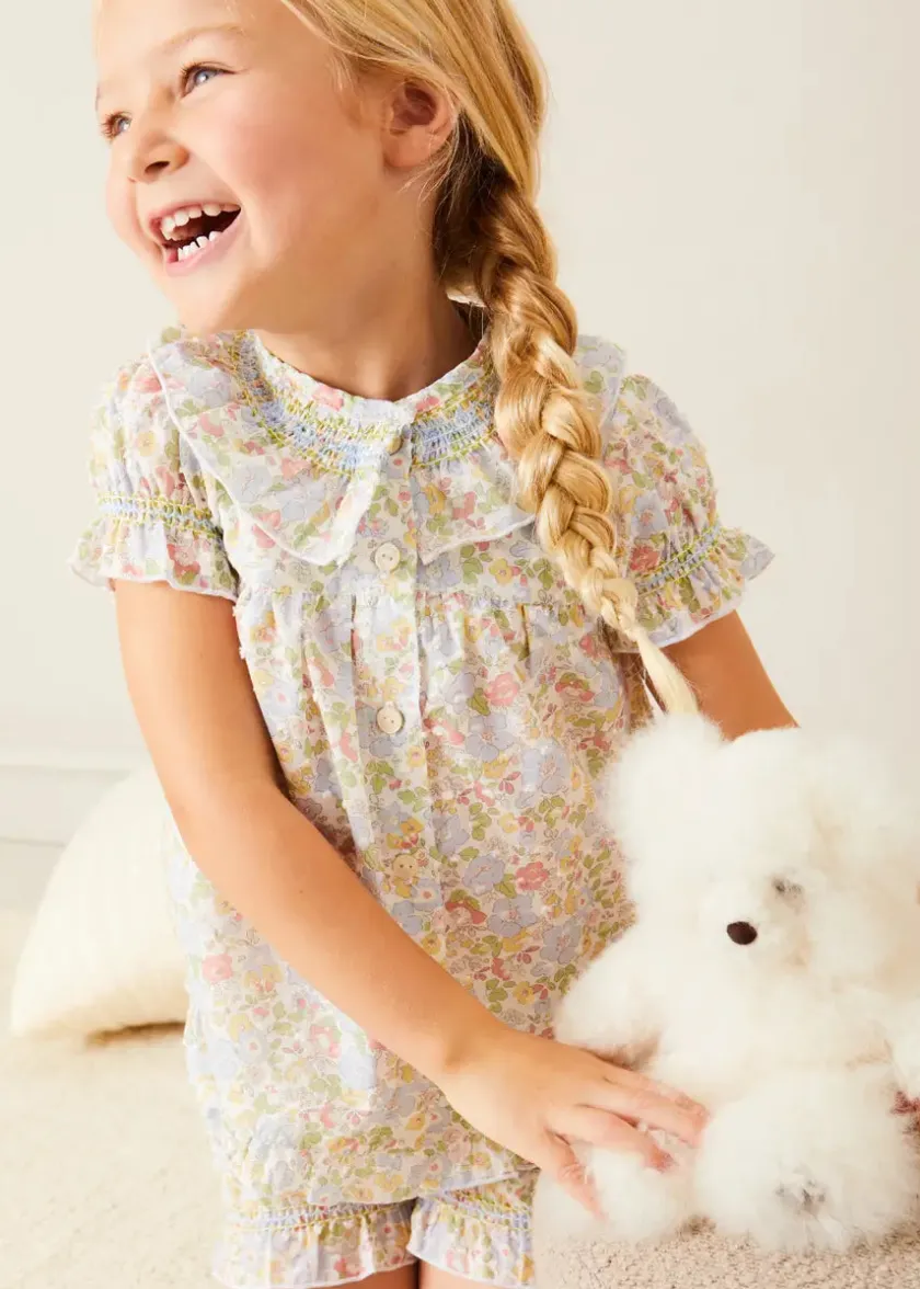 Nightwear | Nightwear | Pepa London Clara Floral Ruffle Collar Short Sleeve Pyjamas in Green (18mths-10yrs)