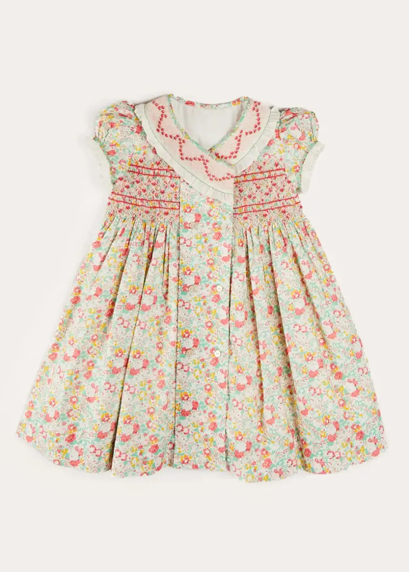 Dresses | Dresses | Pepa London Clementine Floral Hand Smocked Double Breasted Short Sleeve Dress in Coral (12mths-10yrs)
