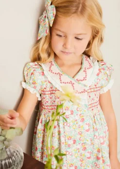 Dresses | Dresses | Pepa London Clementine Floral Hand Smocked Double Breasted Short Sleeve Dress in Coral (12mths-10yrs)