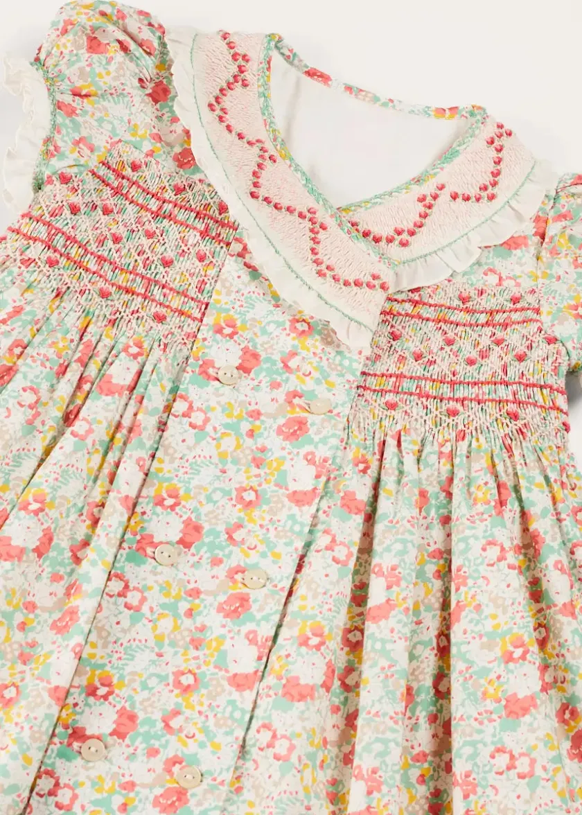 Dresses | Dresses | Pepa London Clementine Floral Hand Smocked Double Breasted Short Sleeve Dress in Coral (12mths-10yrs)