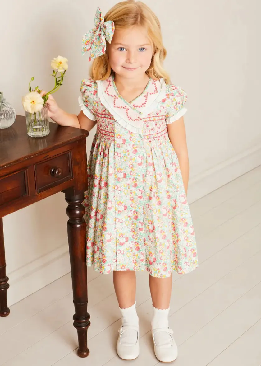 Dresses | Dresses | Pepa London Clementine Floral Hand Smocked Double Breasted Short Sleeve Dress in Coral (12mths-10yrs)