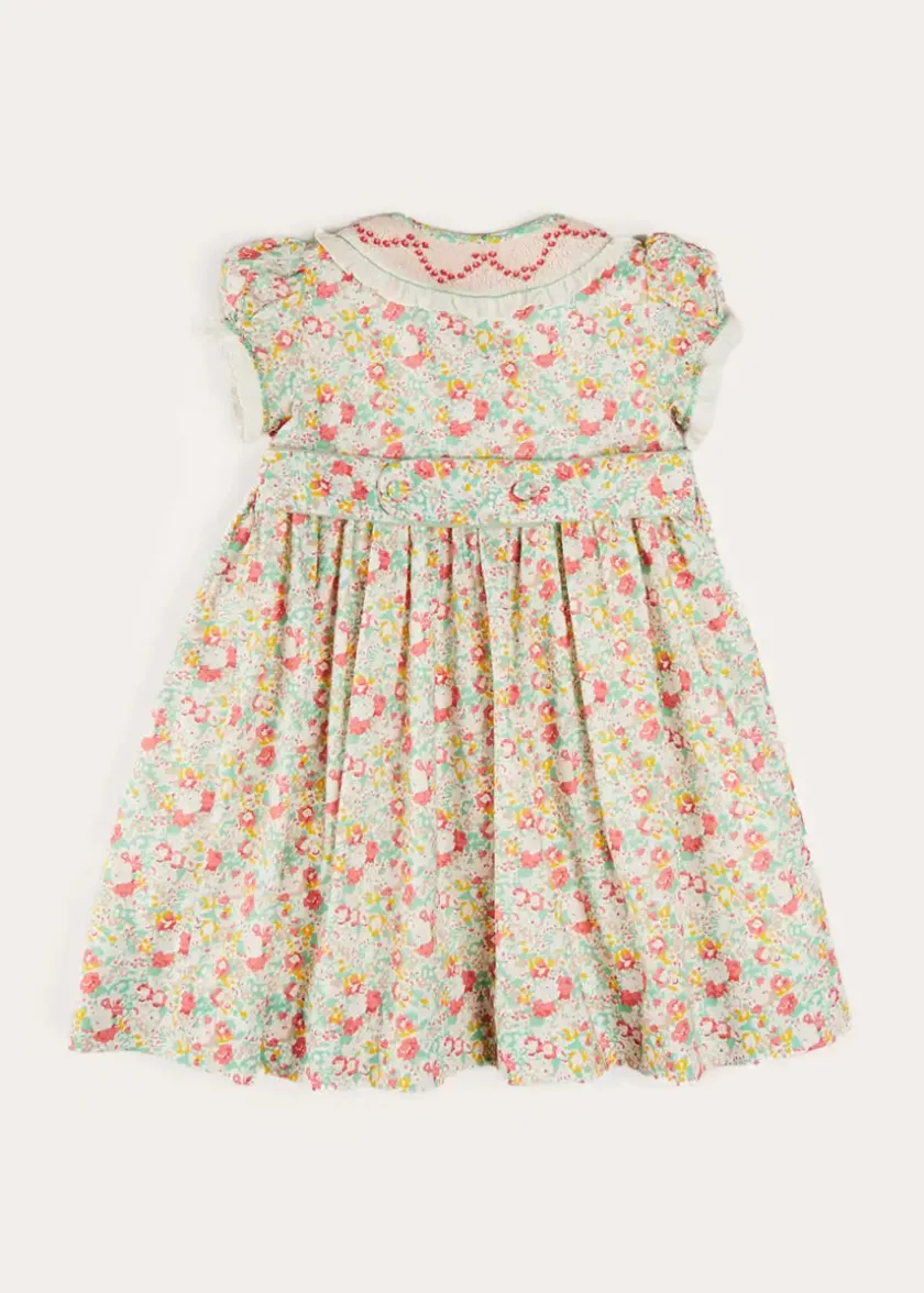 Dresses | Dresses | Pepa London Clementine Floral Hand Smocked Double Breasted Short Sleeve Dress in Coral (12mths-10yrs)