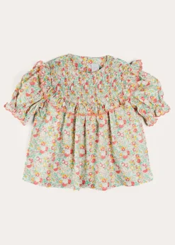 Tops & Blouses | Up To 12 Years | Pepa London Clementine Floral Smock Detail Short Sleeve Blouse in Coral (2-12yrs)