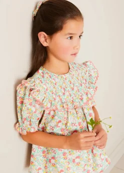 Tops & Blouses | Up To 12 Years | Pepa London Clementine Floral Smock Detail Short Sleeve Blouse in Coral (2-12yrs)