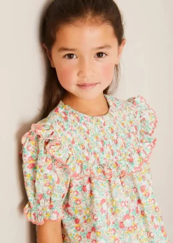 Tops & Blouses | Up To 12 Years | Pepa London Clementine Floral Smock Detail Short Sleeve Blouse in Coral (2-12yrs)
