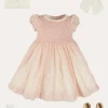 Lookbooks | Pepa London Constance Floral Hand Smocked Short Sleeve Party Dress in Pink (12mths-10yrs) | Openwork Cotton Cardigan in Cream (6mths-10yrs) | Leather Charlotte Shoes in Gold (24-35EU) | Tulle Long Bow Clip In Cream | Celebration Short Socks with Ruffle- Cream (0mths-10yrs)
