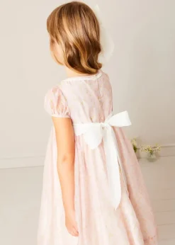 Lookbooks | Pepa London Constance Floral Hand Smocked Short Sleeve Party Dress in Pink (12mths-10yrs) | Openwork Cotton Cardigan in Cream (6mths-10yrs) | Leather Charlotte Shoes in Gold (24-35EU) | Tulle Long Bow Clip In Cream | Celebration Short Socks with Ruffle- Cream (0mths-10yrs)