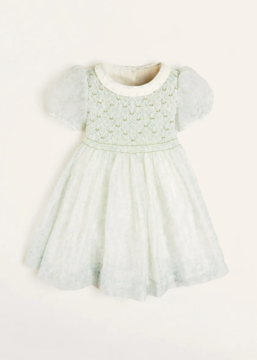 Dresses | Dresses | Pepa London Constance Floral Print Hand Smocked Short Sleeve Party Dress in Light Green (12m-10yrs)