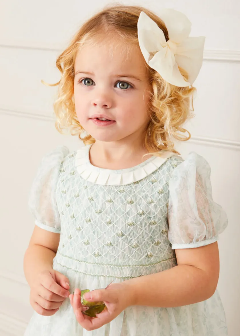 Dresses | Dresses | Pepa London Constance Floral Print Hand Smocked Short Sleeve Party Dress in Light Green (12m-10yrs)