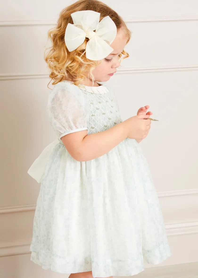 Dresses | Dresses | Pepa London Constance Floral Print Hand Smocked Short Sleeve Party Dress in Light Green (12m-10yrs)