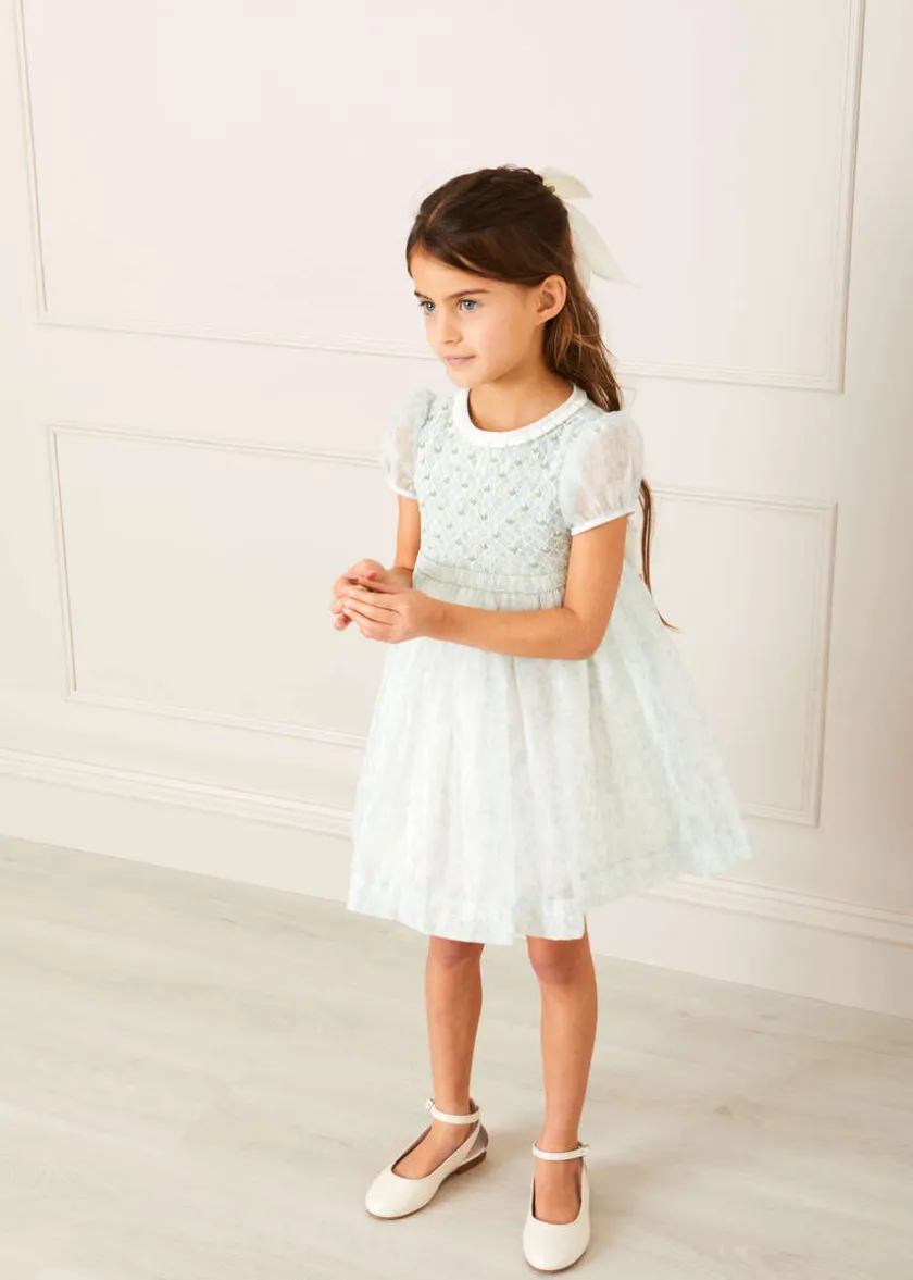 Dresses | Dresses | Pepa London Constance Floral Print Hand Smocked Short Sleeve Party Dress in Light Green (12m-10yrs)