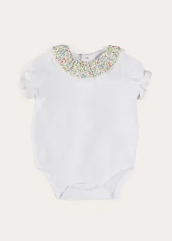 Bodysuits & Baby Grows | Pepa London Cordelia Embroidered Double Collar Bodysuit in Pink Made with Liberty Fabric (1m-3yrs)