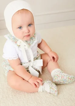 Lookbooks | Pepa London Cordelia Embroidered Double Collar Bodysuit in Pink Made with Liberty Fabric (1m-3yrs) | Cordelia Floral Bloomer with Bow in Pink Made with Liberty Fabric (1m-2yrs) | Openwork Cotton Cardigan in Cream (6mths-10yrs) | Openwork Cotton Knitted Bonnet in Cream (S-L) | Cordelia Liberty Floral Mary Jane Pram Shoes in Pink (17-20EU) | Cordelia Liberty Floral Dummy Clip in Pink | Openwork short socks White (0mths-8yrs)