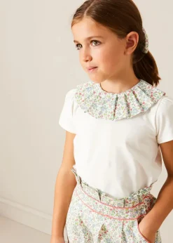 Lookbooks | Pepa London Cordelia Floral Collar Top in Pink Made with Liberty Fabric (2-10yrs) | Cordelia Floral Shorts in Pink Made with Liberty Fabric (4-10yrs) | Floral Openwork Cotton Cardigan in Pink (2-10yrs) | Canvas Plimsolls in Cream (20-35EU) | Cordelia Floral Medium Bow Clip in Pink Made with Liberty Fabric