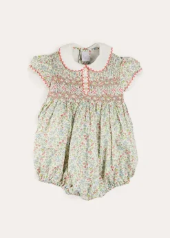 Rompers | Rompers | Pepa London Cordelia Floral Hand-Smocked Short Sleeve Romper in Pink Made with Liberty Fabric (3m-2yrs)