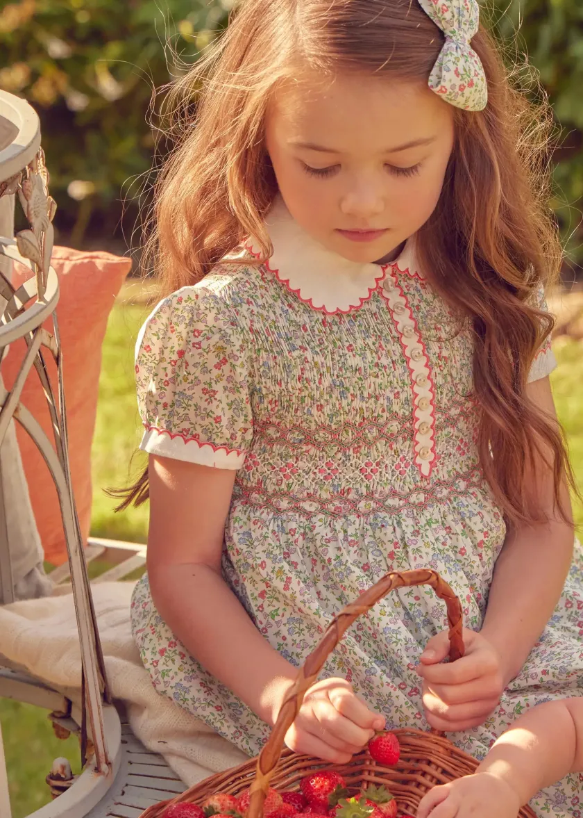 Dresses | Dresses | Pepa London Cordelia Floral Hand-Smocked Short Sleeve Dress in Pink Made with Liberty Fabric (12m-6yrs)