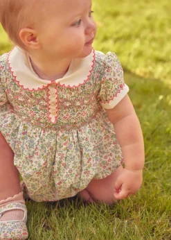 Rompers | Rompers | Pepa London Cordelia Floral Hand-Smocked Short Sleeve Romper in Pink Made with Liberty Fabric (3m-2yrs)