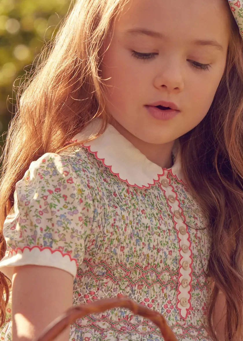 Dresses | Dresses | Pepa London Cordelia Floral Hand-Smocked Short Sleeve Dress in Pink Made with Liberty Fabric (12m-6yrs)