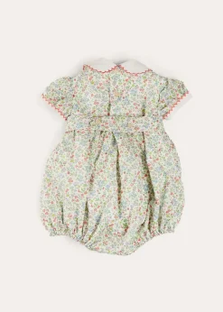 Rompers | Rompers | Pepa London Cordelia Floral Hand-Smocked Short Sleeve Romper in Pink Made with Liberty Fabric (3m-2yrs)