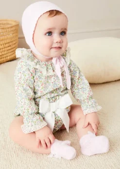 Lookbooks | Pepa London Cordelia Floral Long Sleeve Blouse in Pink Made with Liberty Fabric (1-12m) | Cordelia Floral Bloomer with Bow in Pink Made with Liberty Fabric (1m-2yrs) | Openwork Detail Baby Cardigan in Pink (1-12mths) | Lace Detail Knitted Bonnet in Pink (1-12mths) | Lace Detail Knitted Booties in Pink | Cordelia Liberty Floral Dummy Clip in Pink | BIBS Dummy in Pink