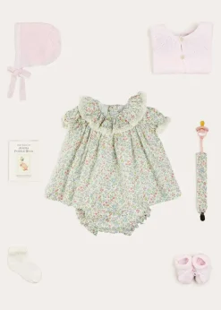 Lookbooks | Pepa London Cordelia Floral Ruffle Collar Short Sleeve Dress in Green Made with Liberty Fabric (1-12m) | Openwork Detail Baby Cardigan in Pink (1-12mths) | Lace Detail Knitted Bonnet in Pink (1-12mths) | Lace Detail Knitted Booties in Pink | Cordelia Liberty Floral Dummy Clip in Pink | Openwork short socks White (0mths-8yrs) | BIBS Dummy in Pink