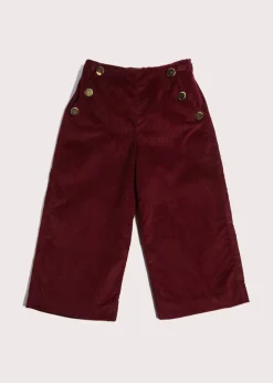 Trousers | Pepa London Corduroy Wide Leg Gold Button Trousers in Burgundy (4-10yrs)