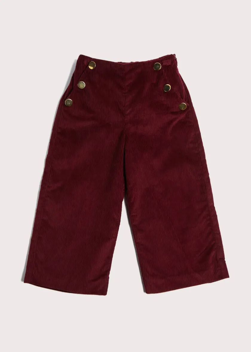 Trousers | Pepa London Corduroy Wide Leg Gold Button Trousers in Burgundy (4-10yrs)