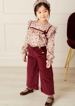 Trousers | Pepa London Corduroy Wide Leg Gold Button Trousers in Burgundy (4-10yrs)