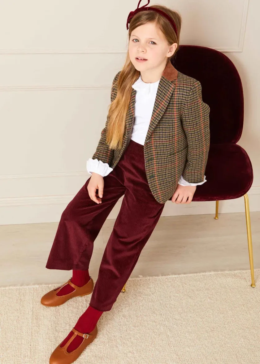 Trousers | Pepa London Corduroy Wide Leg Gold Button Trousers in Burgundy (4-10yrs)