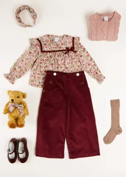 Trousers | Pepa London Corduroy Wide Leg Gold Button Trousers in Burgundy (4-10yrs)